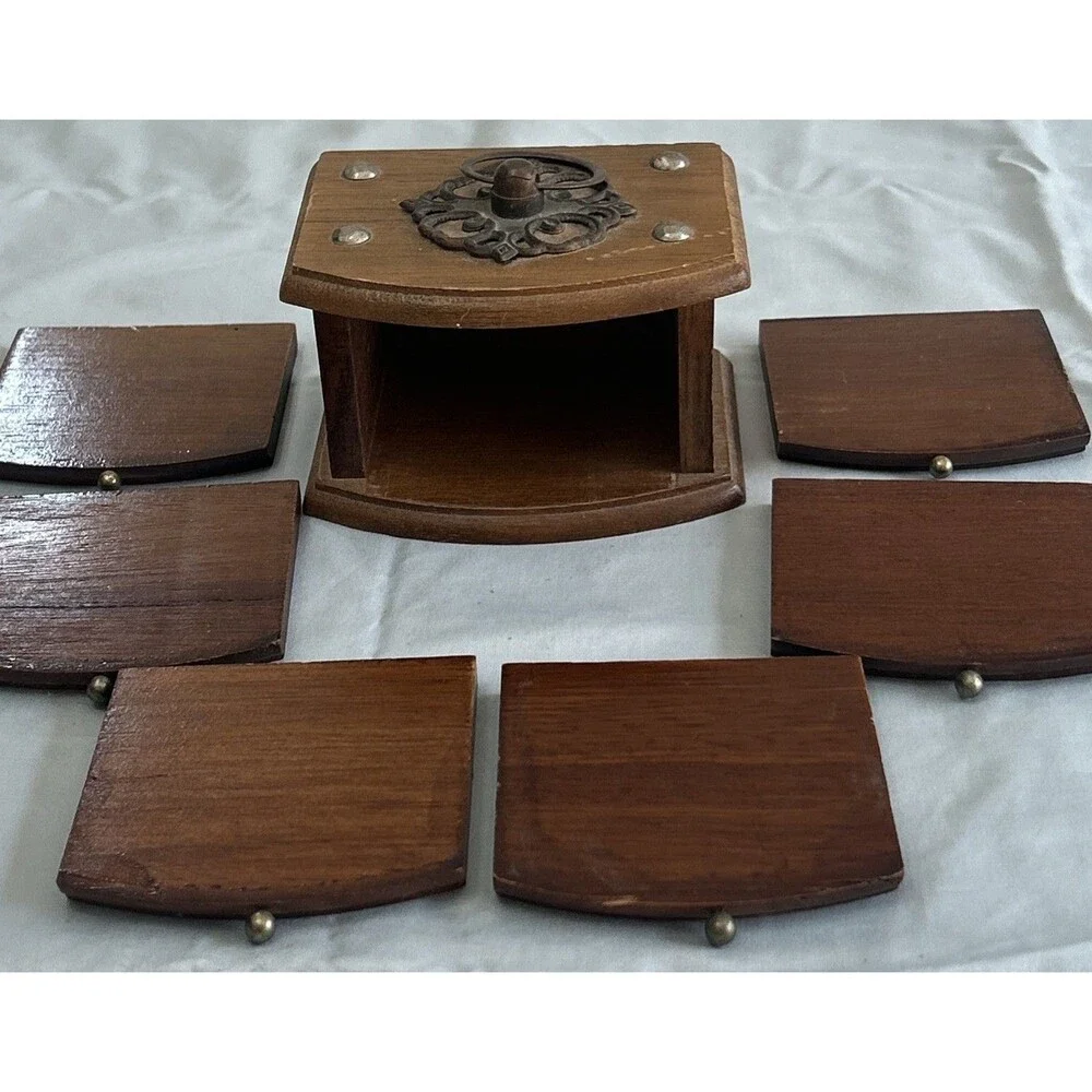 Vtg Wood & Cork Coaster Set of 8 Wood Caddy Carrier Brass Accents Boho Barware
